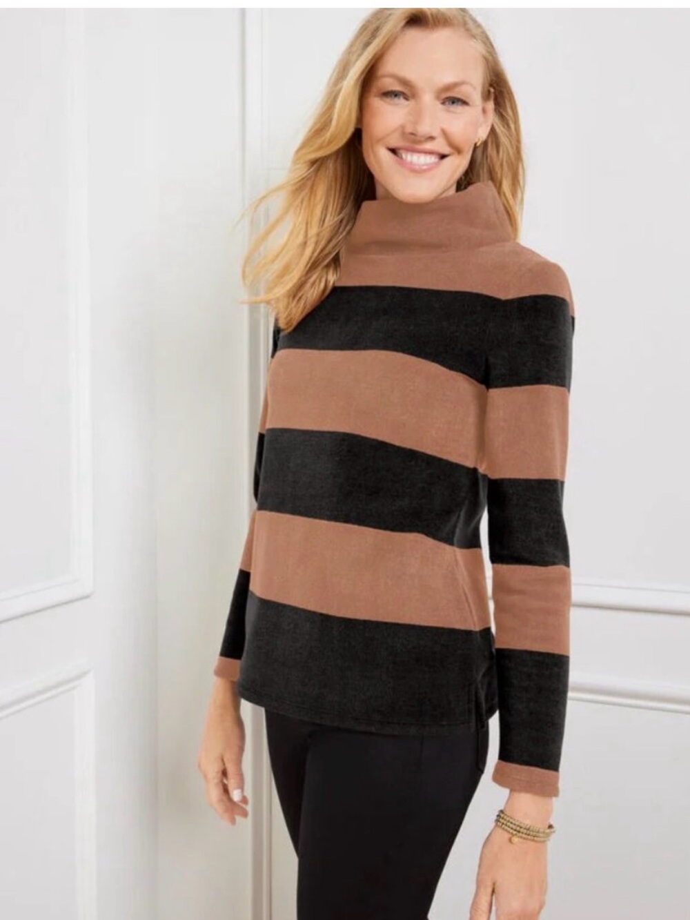 Talbots Microfleece Cozy Funnel Neck Top Bauble Stripe brown Tan Sz Medium